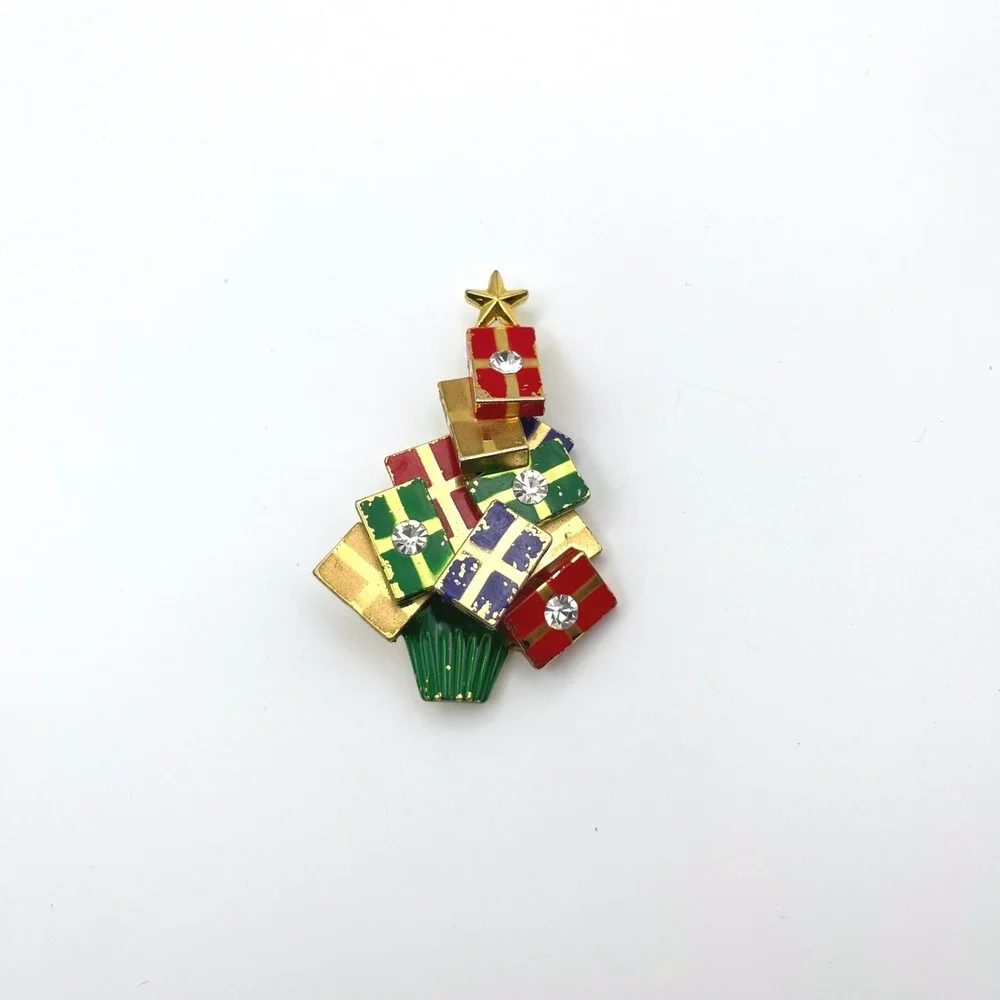 Vintage Christmas Tree Brooch Gold Tone Enamel Present Stack Rhinestone Pin